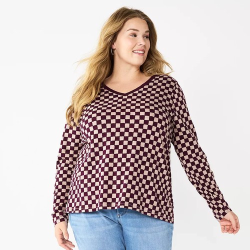 70s Red Berry Checkerboard T Shirt 1X Long Sleeve V Neck Tee Top Gift Sonoma New