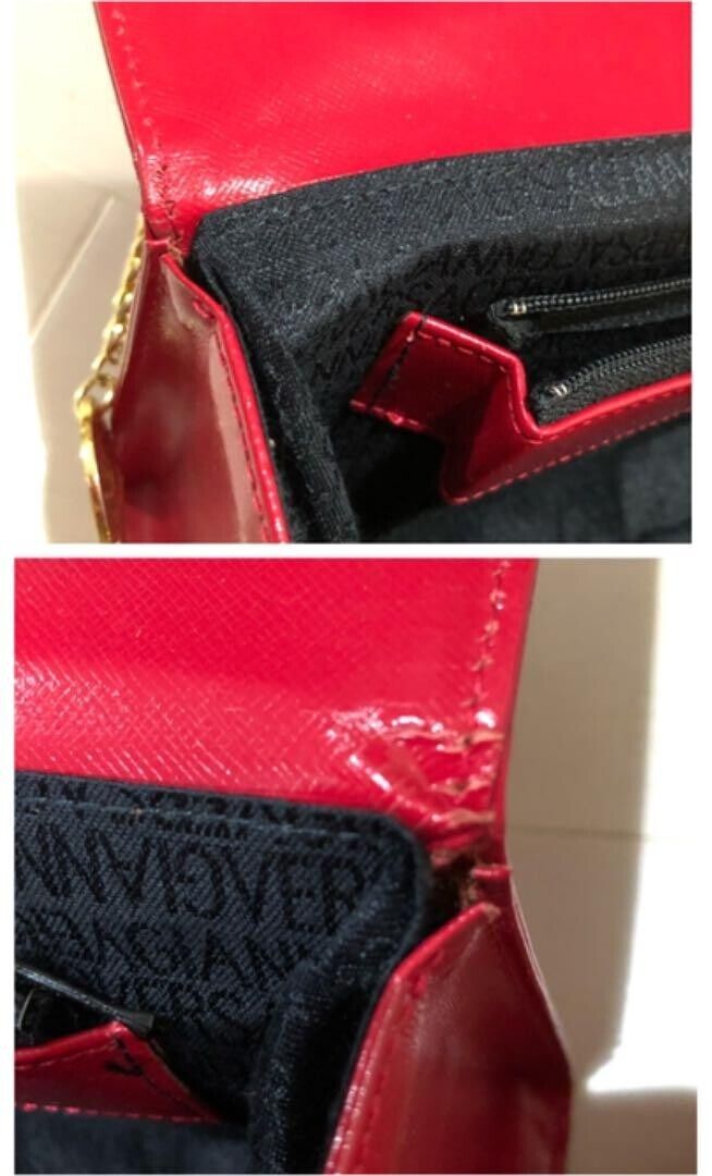 GIANNI VERSACE Sunburst Charm Handbag Vanity Bag Red Leather GIANNI VERSACE Sunburst Charm Handbag Vanity Bag Red Leather