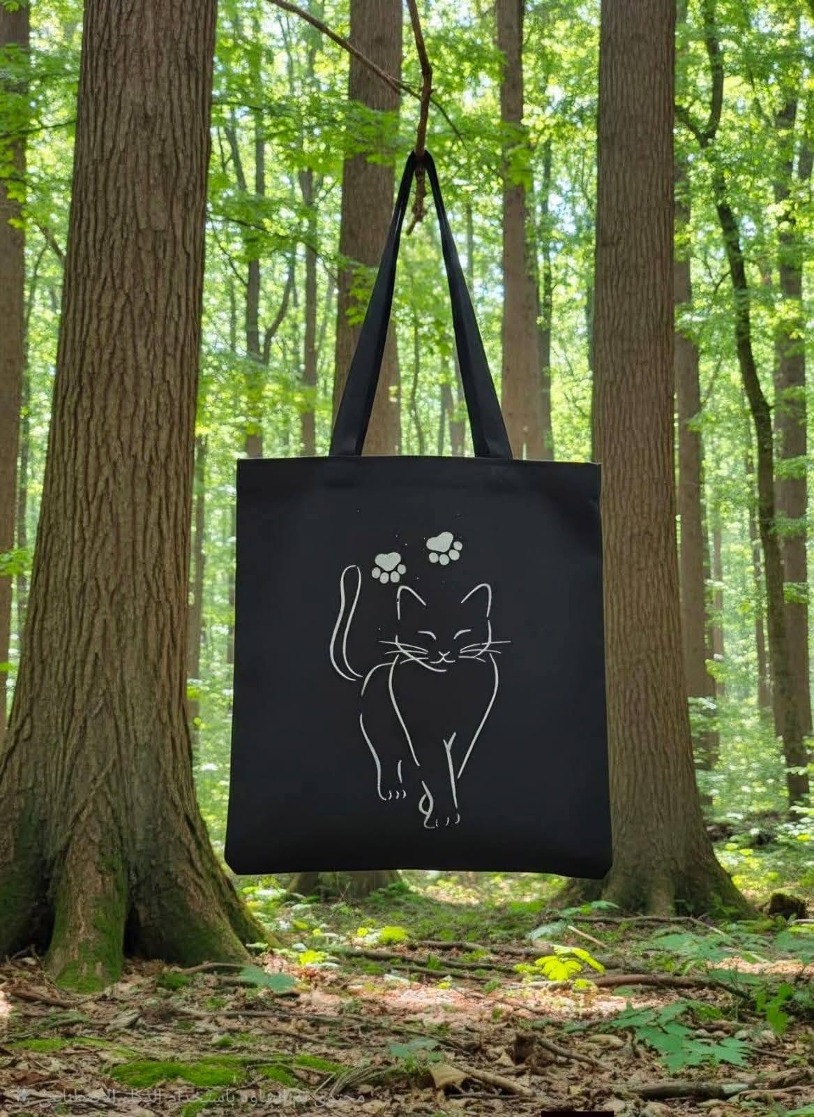 Lindo Bolso de Mano Artístico Línea Gato - Bolso de Hombro Minimalista de Lona Negro para Amantes de los Gatos