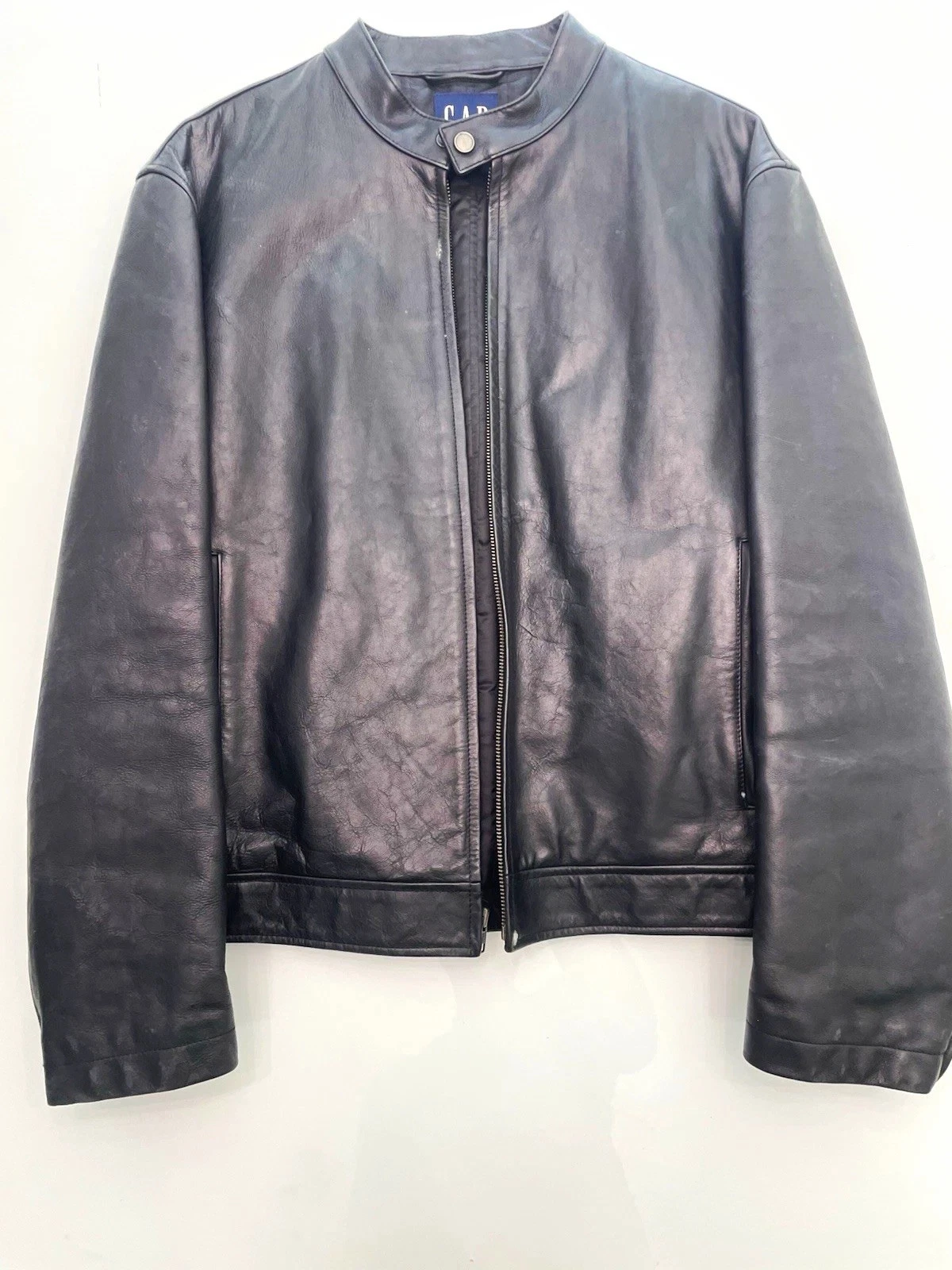 GAP Men's Genuine Leather Biker Jacket Black Zip Front Lined Size M - product detail image 1