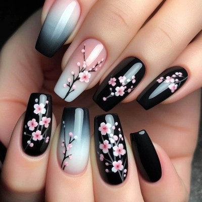 24pcs Fall Flower Press on Nail Coffin Designs Artificial Nail Floral False Nail