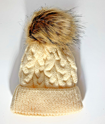 Baby Winter Hat off white with brown fluff top 