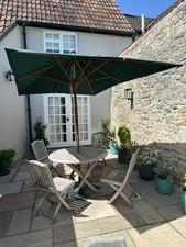 Large green used garden parasol with wooden frame (3m x 2m), stand and cover