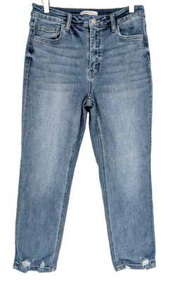 Flying Monkey Womens High Rise Destructed Hem Crop Straight Medium Rinse Jean 30