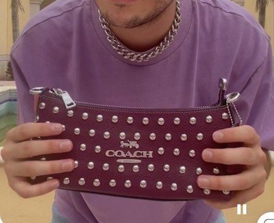 Auth. Coach CM031 Studded Mini Shoulder Bag Deep Berry Leather