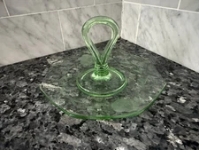 Vintage Green Depression Glass Etched Trinket Snack Dish Handled Tidbit Tray