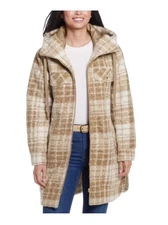 NEW Weatherproof Ladies' Boucle Hooded TAN Plaid Jacket Medium