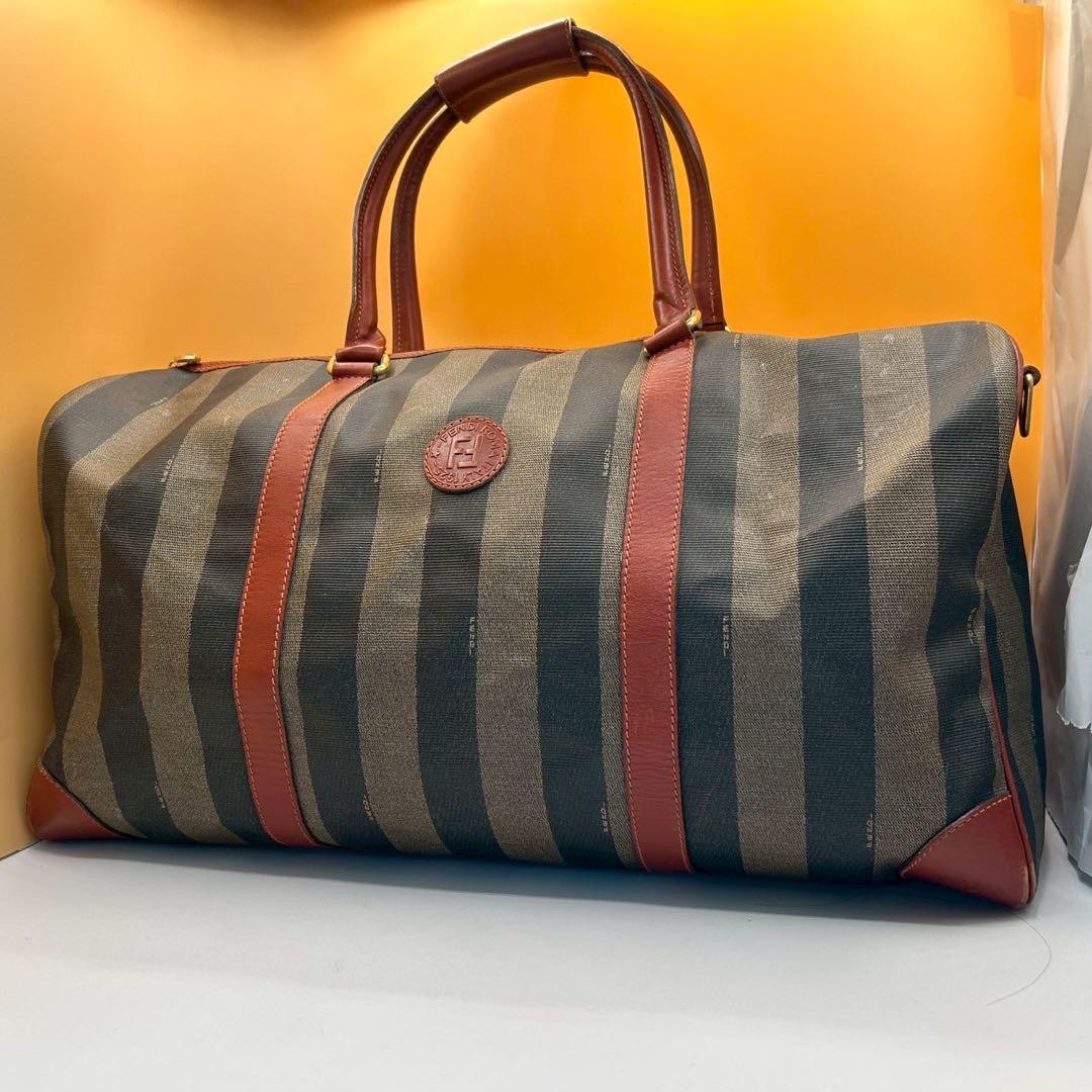 FENDI Pequin Boston Bag in Brown PVC Authentic Luxury Handbag