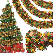 39.3ft Christmas Snowflake Tinsel Garland Green Red Gold Metallic Tinsel Twis...