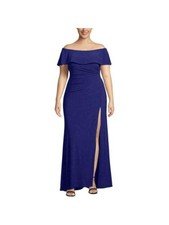 XSCAPE Womens Blue Satin Gown Short Sleeve Full-Length Fit + Flare Dress 4