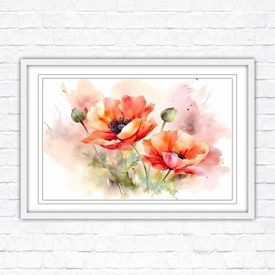 Mohnblumen Aquarell Bild. Gerahmter Bilddruck mit Auswahl an Rahmenfarben
