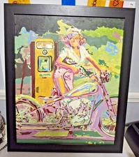 Vintage Abstract Pop Art Paint By Number Framed Under Glass Girl & Motorcycle