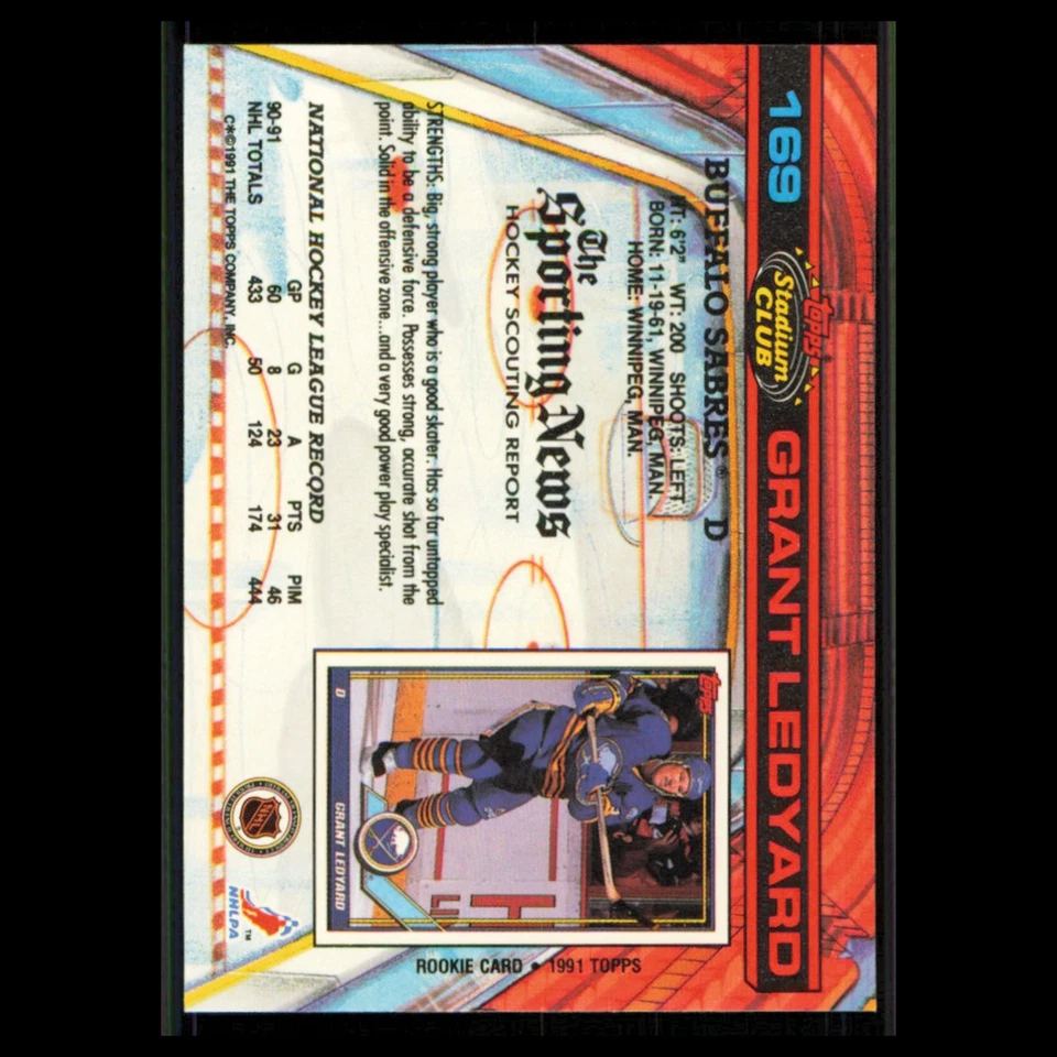 Grant Ledyard #169 1991 Topps Stadium Club Buffalo Sabres Hockey Card NHL NM - Image 2 of 3