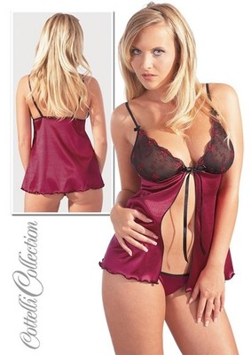 Babydoll Set in Brombeer Rot mit Satin und Spitze - Dessous