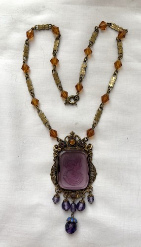 Antique Art Deco Purple Molded Glass Cameo Choker Necklace Brass/glass Beads