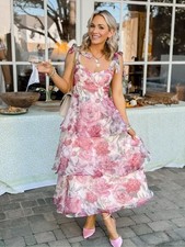 Lulus Playfully Posh Blush Floral Organza Tie-Strap Tiered Midi Dress Size XS