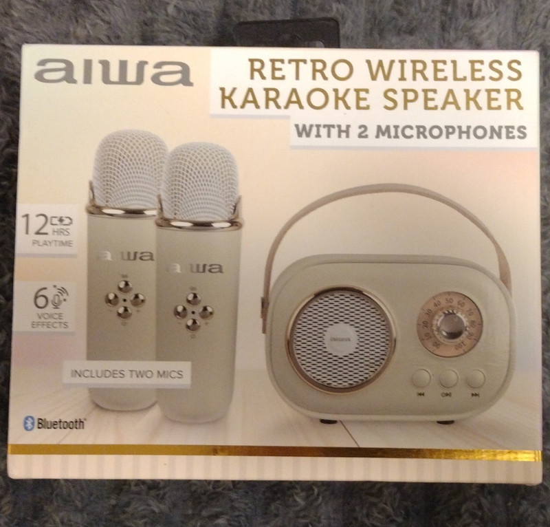 Aiwa Retro Portable Karaoke Speaker System, Bluetooth, 2 Microphones, Beige