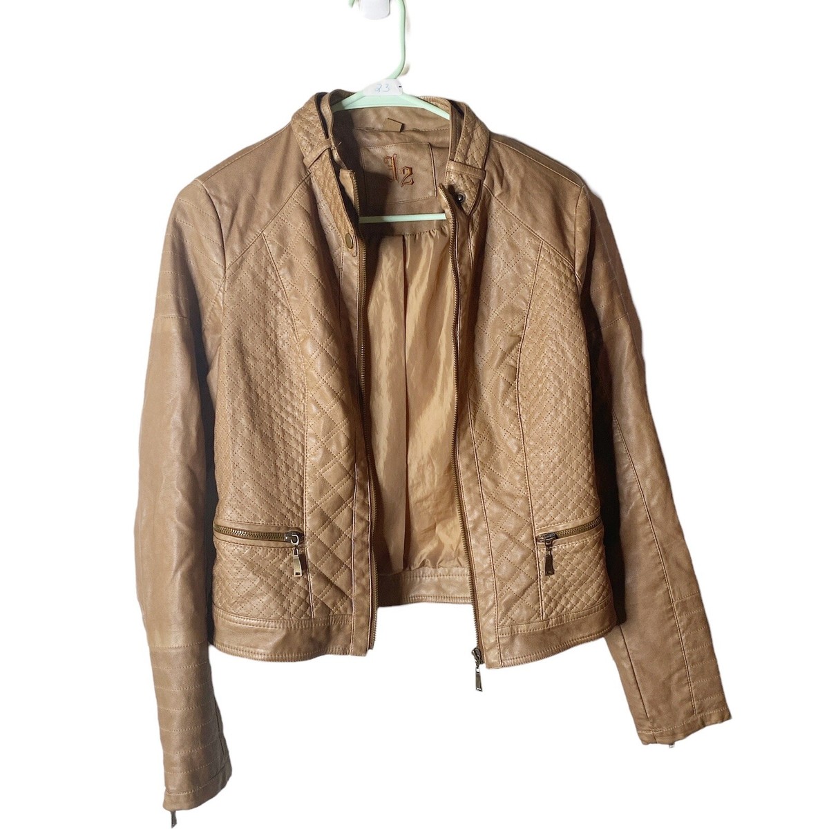 J2 Faux Leather Moto Tan Full Zip Quilted Pattern Jacket, Size