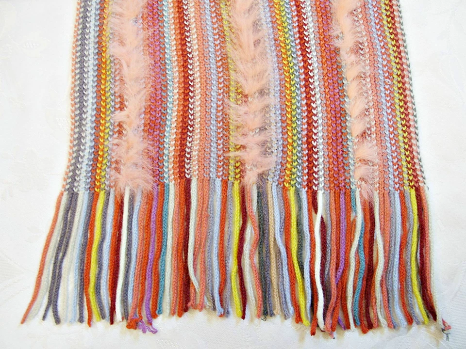 ALEMANIA-BUFANDA LARGA CON FLECOS PIEL DE CONEJO REAL TEJIDO ROSA RAYAS CODELLO VINTAGE Foto 2 de 4