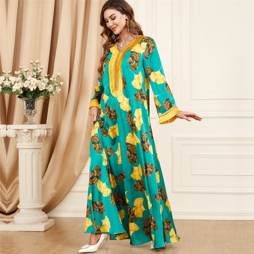 Muslim Floral Kaftan Islamic Women Maxi Dress Ramadan Dubai Caftan Moroccan Gown - Picture 84 of 216