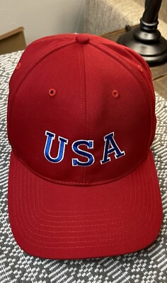 USA Baseball Hat Cap Patriotic America Adult Med/Lg Red Adjustable Hook Loop