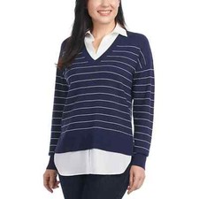 Hilary Radley Women's Plus Size XXL Blue Off White Stripe Collared Sweater NWT