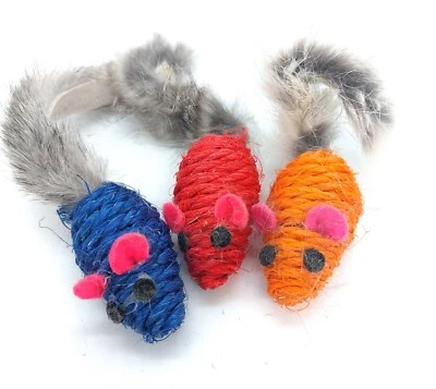 KATS'N US Sisal Mouse Cat Toy, Real Rabbit Fur Tail, 3 pack with Pink, Orange, Blue