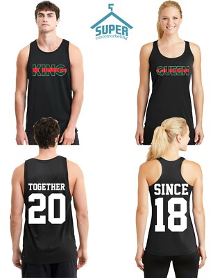 Couple Matching TANK TOP King Queen RED GREEN TOGETHER SINCE Back DATE NUMBERS