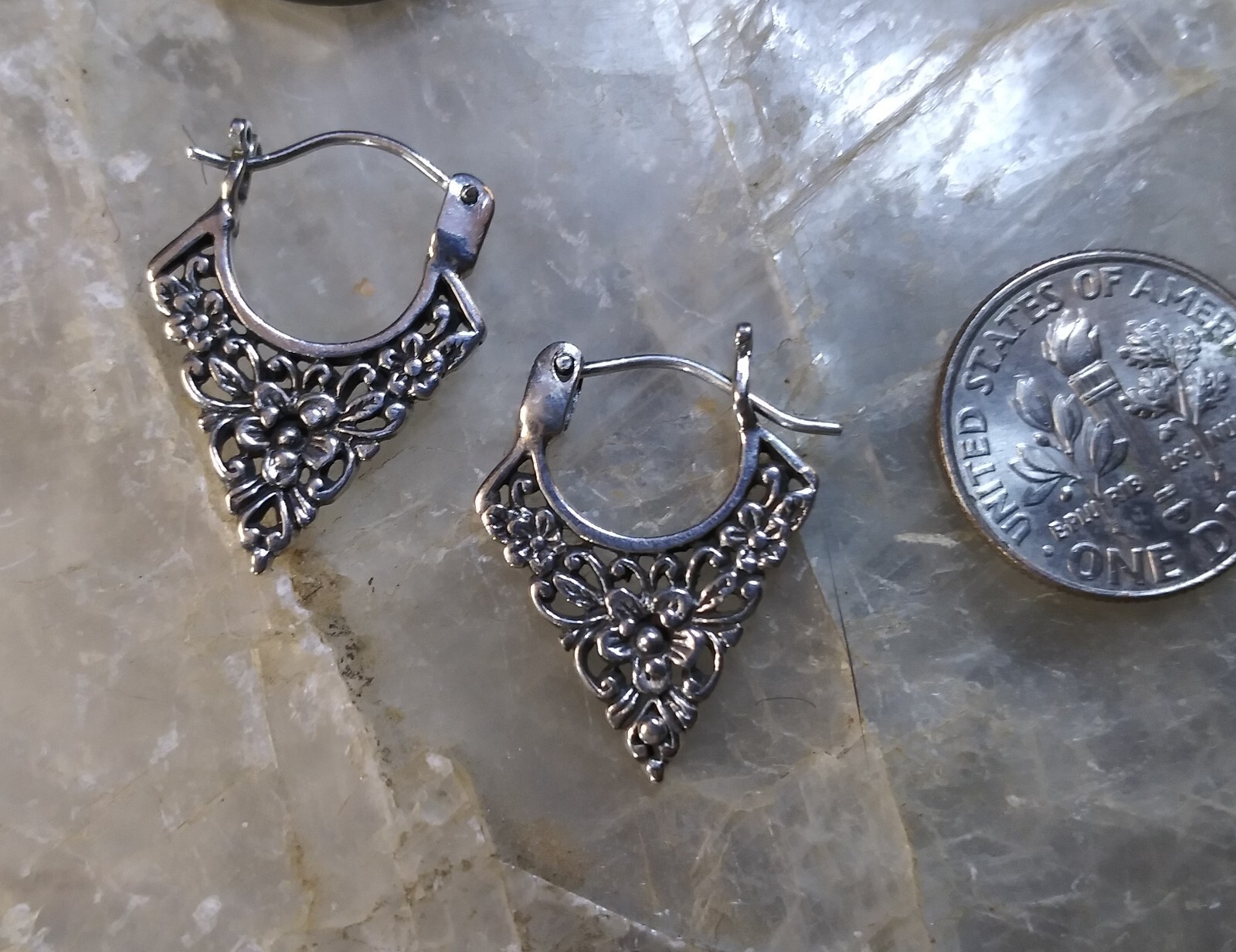 Sterling Silver Diamond/Triangle Shape Floral Hoo… - image 2