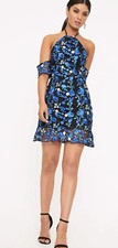 Blue Embroidered Floral Cold Shoulder Dress