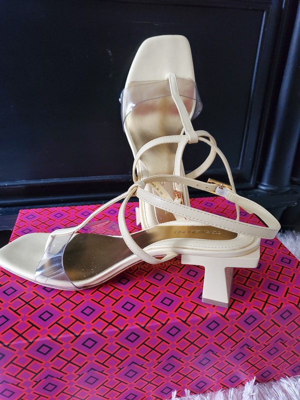 Tory Burch BLOCK T HEEL STRAPPY SANDAL Pale Yellow Size 9  (New in Box) $328