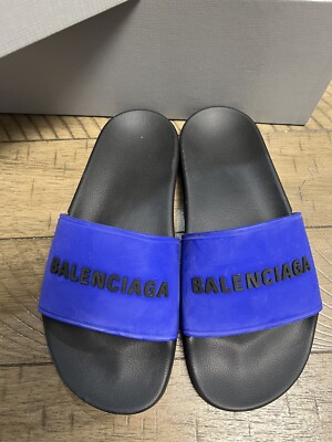 Balenciaga Black Blue Bicolor Rubber Logo Slide On Pool Sandal