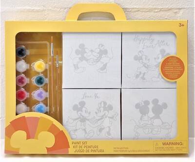 Four 5x5 Mickey Minnie Mouse Canvas Boards set w 2 Brushes 10 Paints Disney Shop