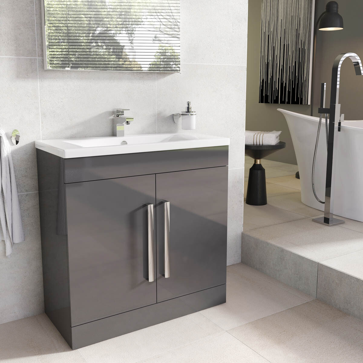 Bathroom Sink Cabinet 80cm Anthracite Storage Cupboard & Ceramic Basin ...