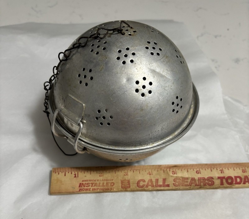 Vintage Aluminum Rice Strainer Ball w/ Hanging Hook, 5 in