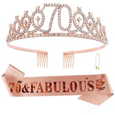 Casoty Rose Gold 70th Birthday Sash and Tiara for Women, 70  Fabulous Sash a...