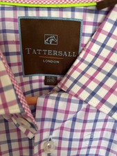 Tattersall London Men  s Shirt Size 17 1/2 Blue Pink White Plaid