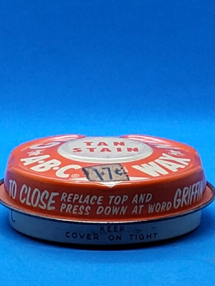 Esmalte de zapatos de cera Griffin vintage ABC lata bronceada 17 precio etiqueta de centavo EE. UU. Foto 3 de 4