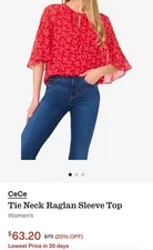 CeCe Women's Tie Neck Raglan Sleeve Blouse. Size XL. Bow Print