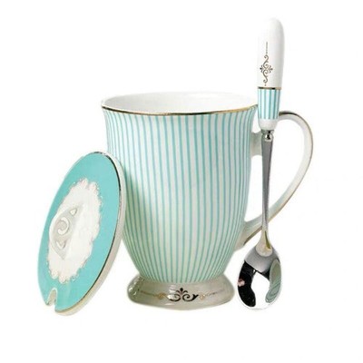 YBK Tech Euro Style Porcelain Tea Cup Coffee Mug Lid Blue Stripe Pattern