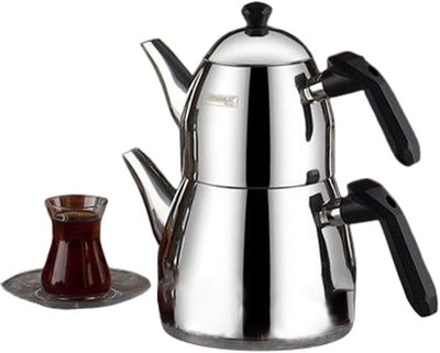 Kahramanlar Elmas Black Handle Stainless Steel Turkish Teapot Set for Stoveto...