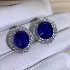 Lab-Created Blue Sapphire 3Ct Oval Cut Halo Stud Earrings 14K White Gold Plated