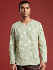 Men's Green Cotton Kurta Indian Ethnic Shirt Boho Tunic Festival Wedding Wear