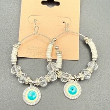 Silver Tone Evil Eye Hoop Earrings Beaded Crystal Accents Blue Charm Womens