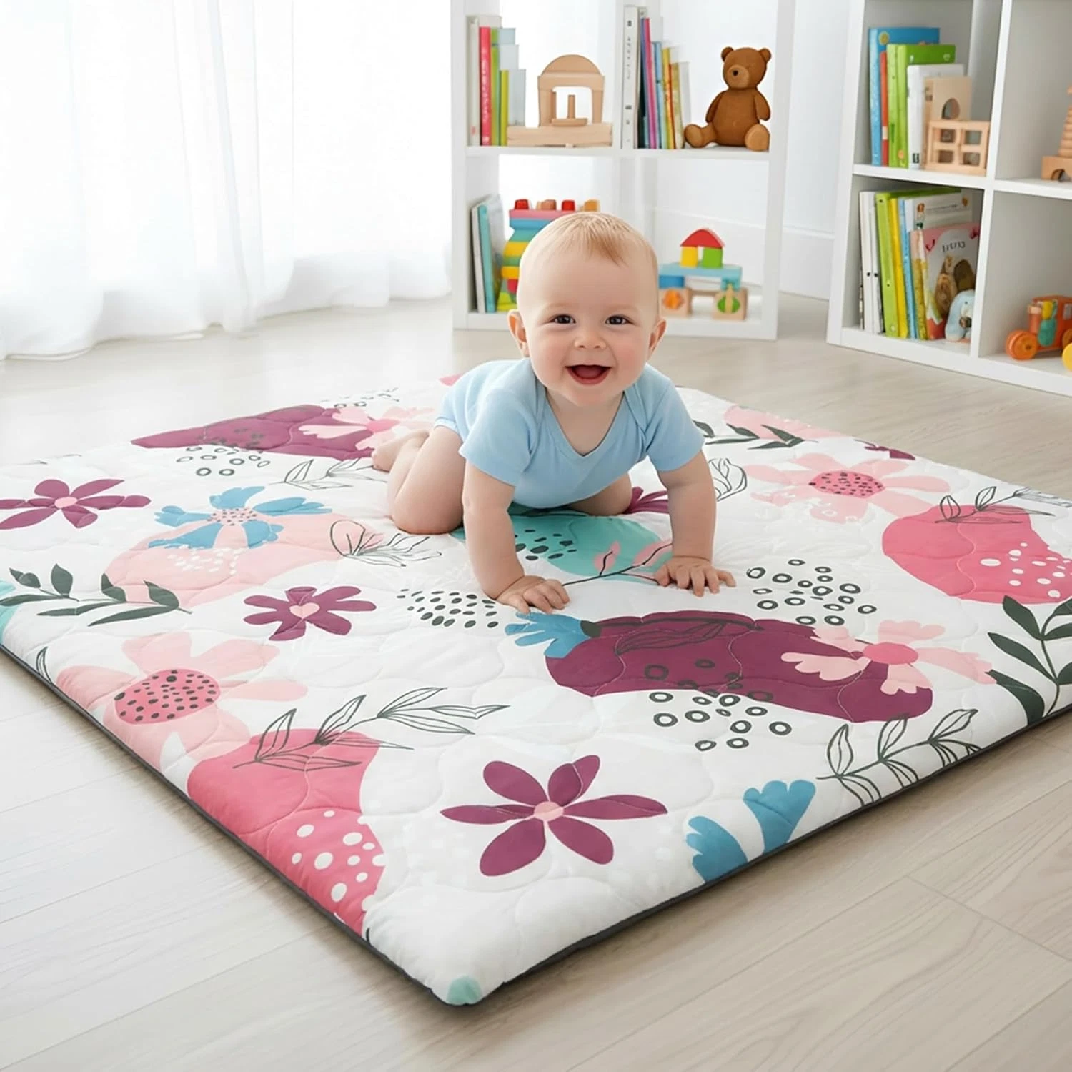 Thicker 1.5" Floral Baby Play Mat, 50x50, Soft Foam, Washable & Easy-Clean