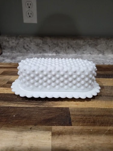 Fenton 1960s Vintage White Hobnail Milk Glass Covered Butter Dish W/ Lid 7.5 In