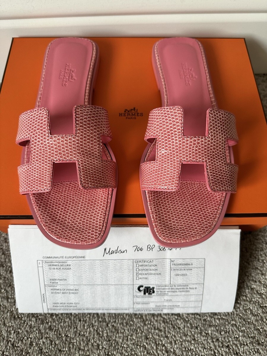 NIB Hermes Oran Rose Jaipur Glossy Lizard Slide Sandals 36.5 | eBay