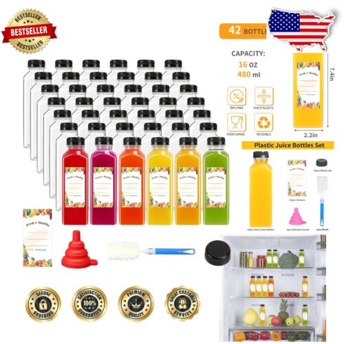 Clear 16oz Plastic Beverage Containers, 42 Pack with Leak-Proof Lids - BPA Free