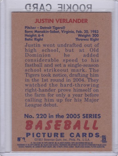 Justin Verlander 1st RC Detroit Tigers 2005 Bowman Heritage BASEBALL ROOKIE CARD - Picture 2 of 2