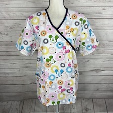 Disney Womens Scrub Top Size Medium White Multicolor Mickey Mouse V-Neck Pockets